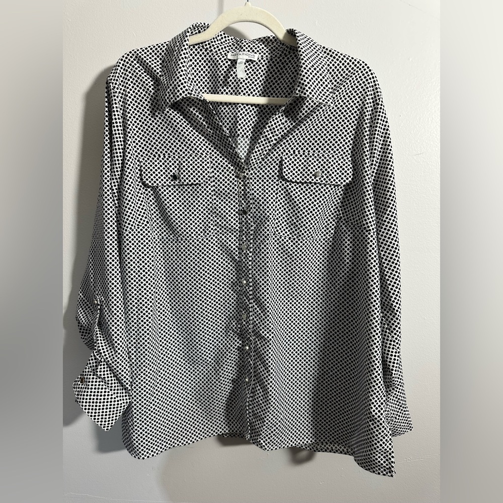 NOTATIONS‎ Women's 2X Button Up White Black Geometric Blouse | SKU 0783